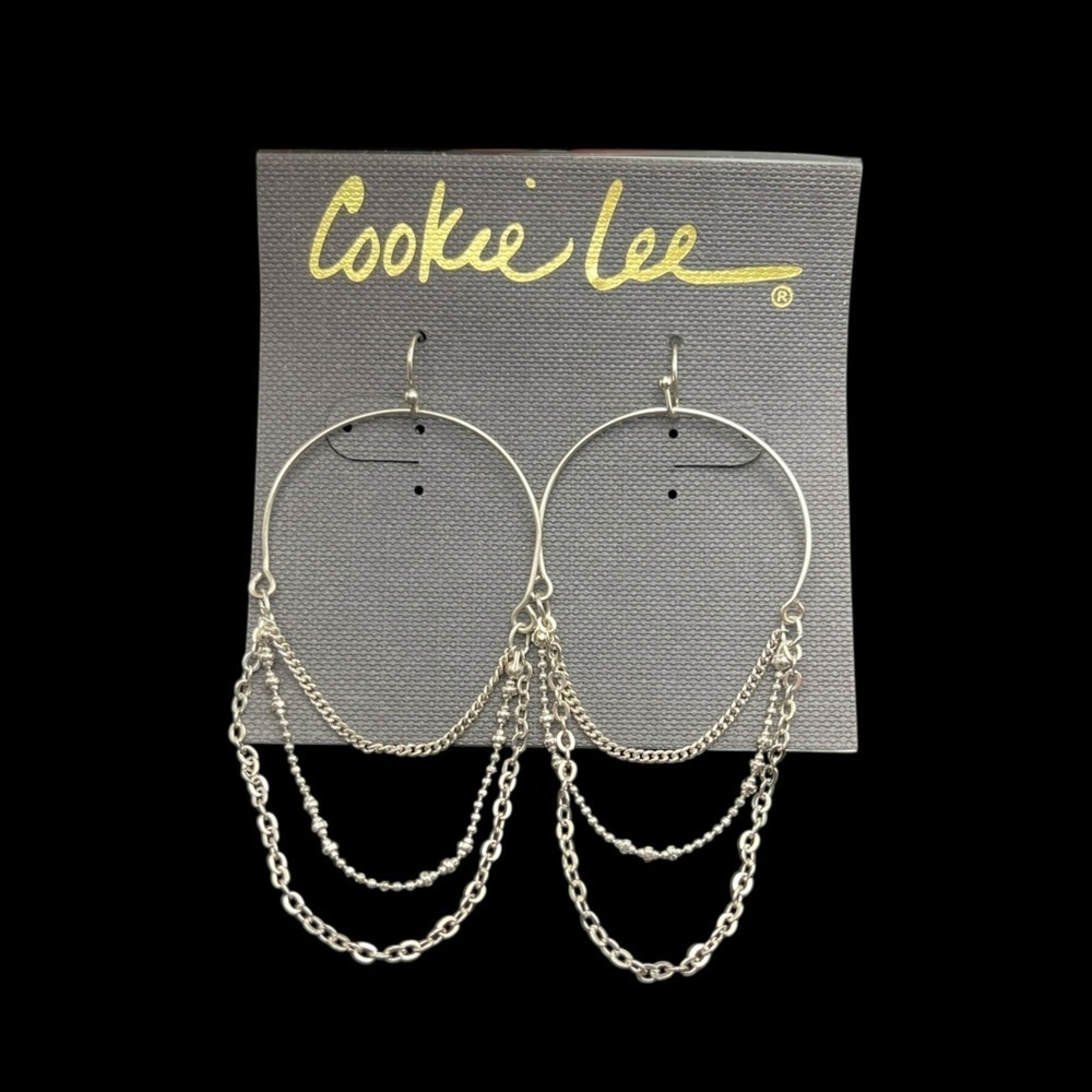 Chain Drape Hoop Earrings Silver Tone Multi Strand Boho Chandelier Festival Edgy